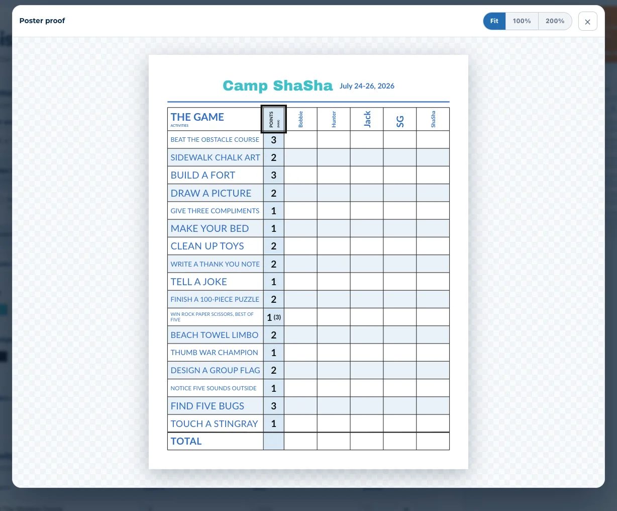 The builder poster preview showing a completed game board layout