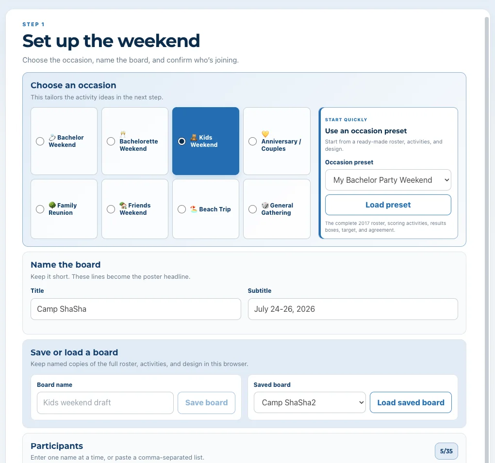 The builder setup screen with fields for the weekend title, location, dates, and players