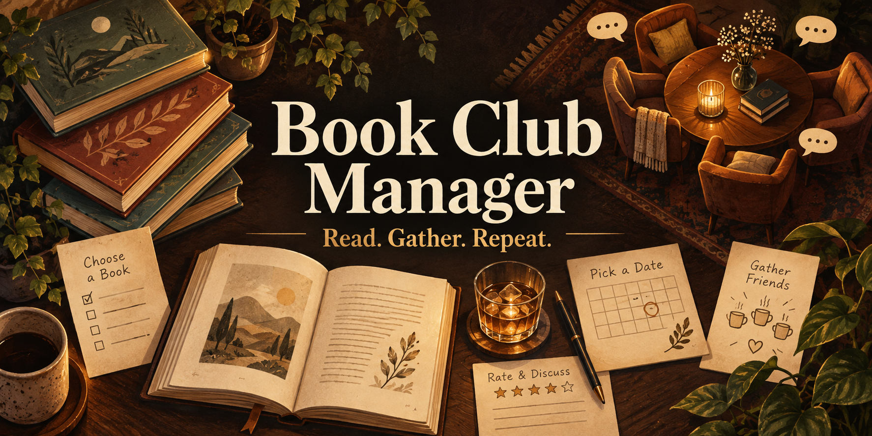 A playful book club illustration with a reading table, chairs, books and drinks. Book Club Manager: Read. Gather. Repeat.