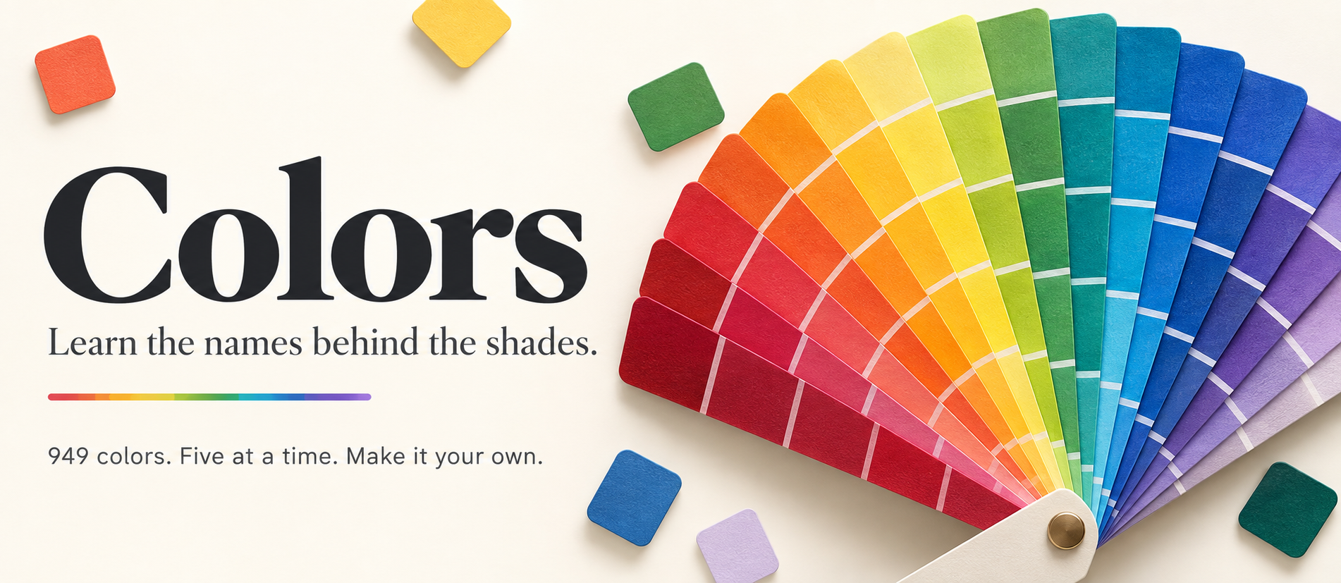 A playful illustrated color workshop with swatch cards, a rainbow of shades and the words Colors: Learn the names behind the shades.