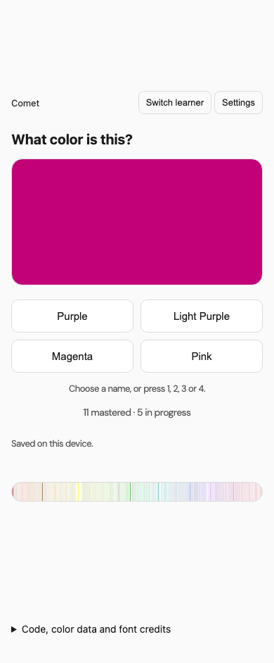 Actual Colors game showing one color swatch, four answer buttons, a progress count and a spectrum.