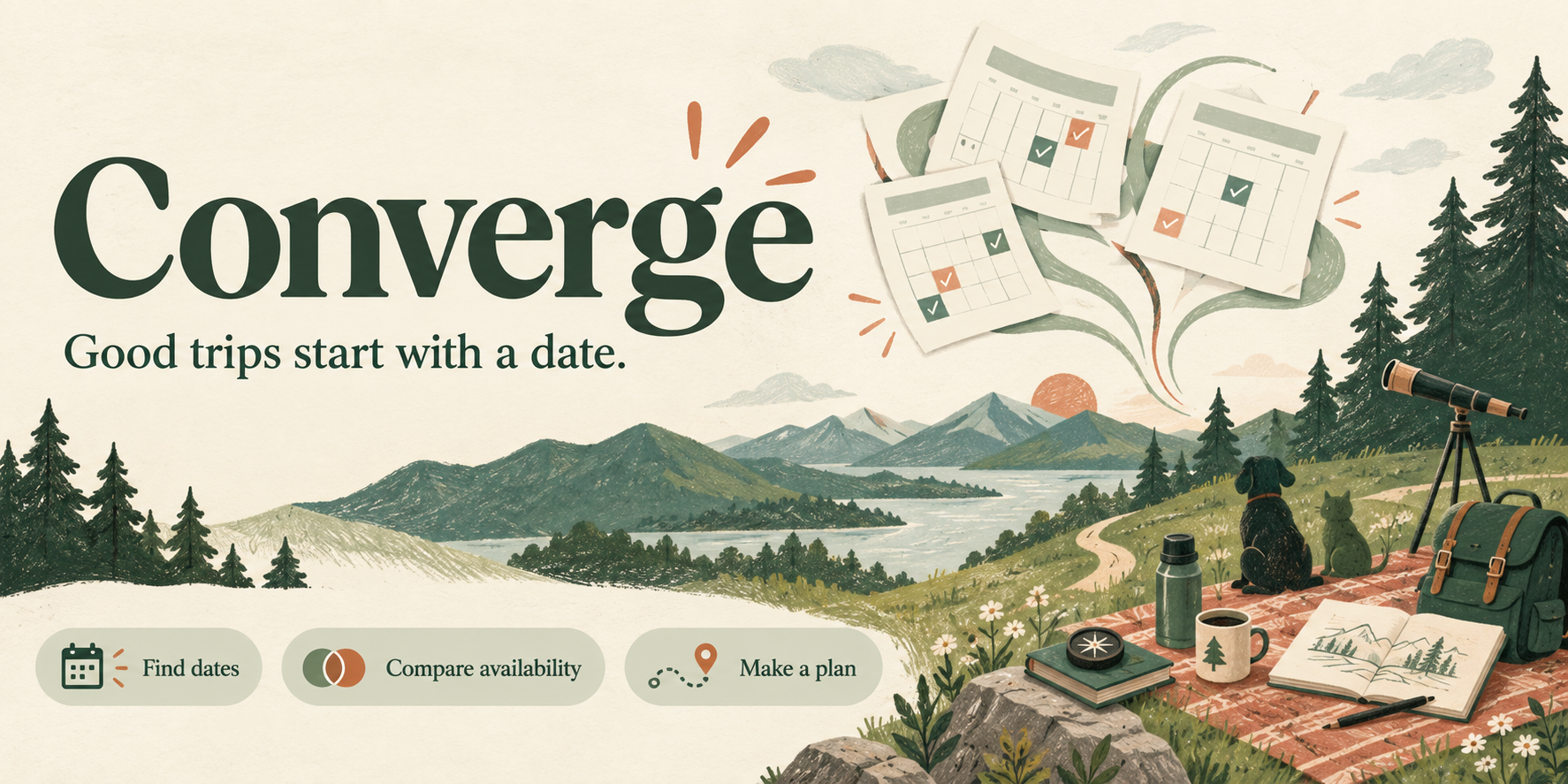 A playful Converge illustration of calendars, a picnic, a telescope and a sketchbook. Good trips start with a date.