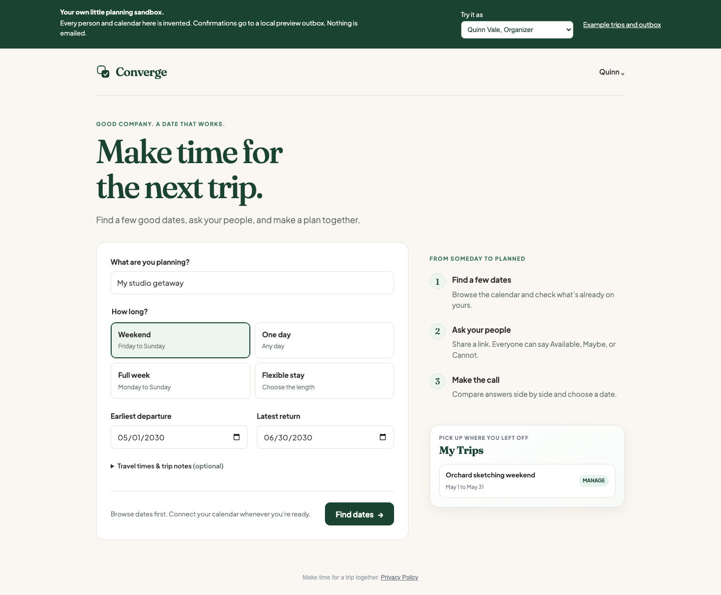 The real Converge planner with its forest-green and warm-paper design, date choices and a saved fictional trip.