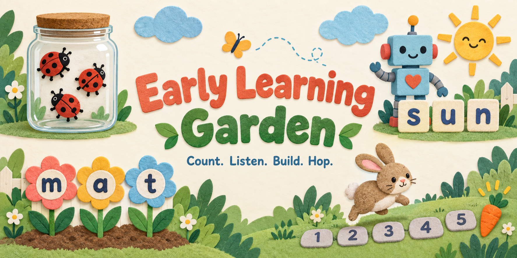 Early Learning Garden paper-and-felt illustration: ladybugs, a robot making SUN, letter flowers and a bunny on a numbered path.