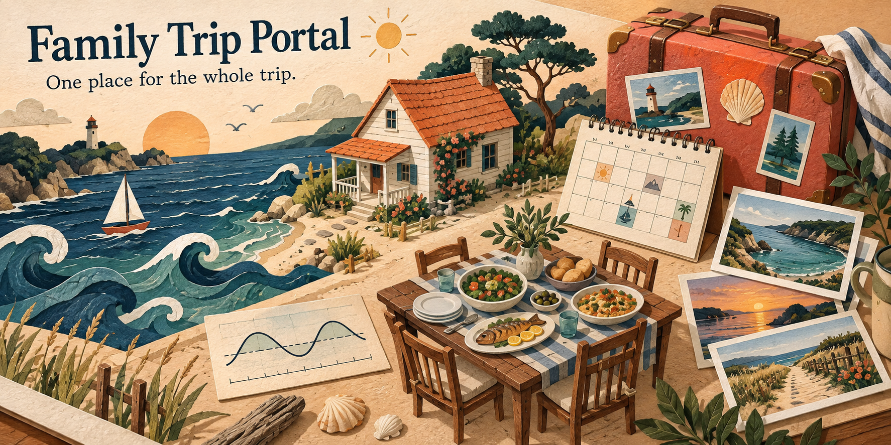A playful illustrated trip scrapbook: a seaside cottage, calendar, shared dinner, tide chart and scenery snapshots. Family Trip Portal: one place for the whole trip.