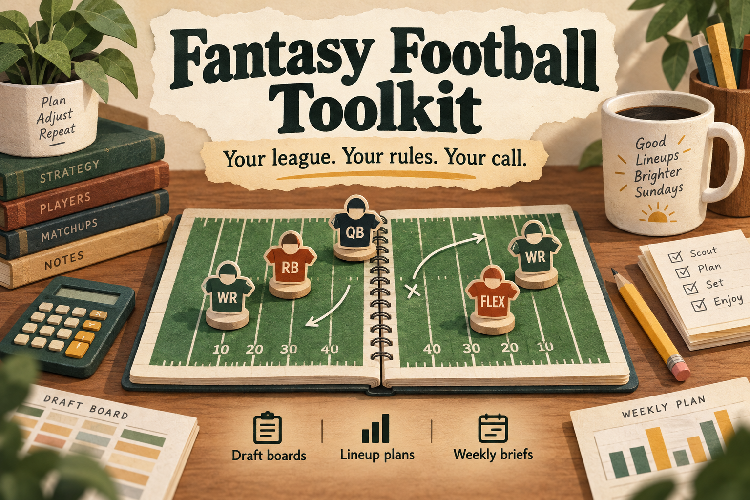 An illustrated football playbook with player tokens, a calculator and the words Your league. Your rules. Your call.
