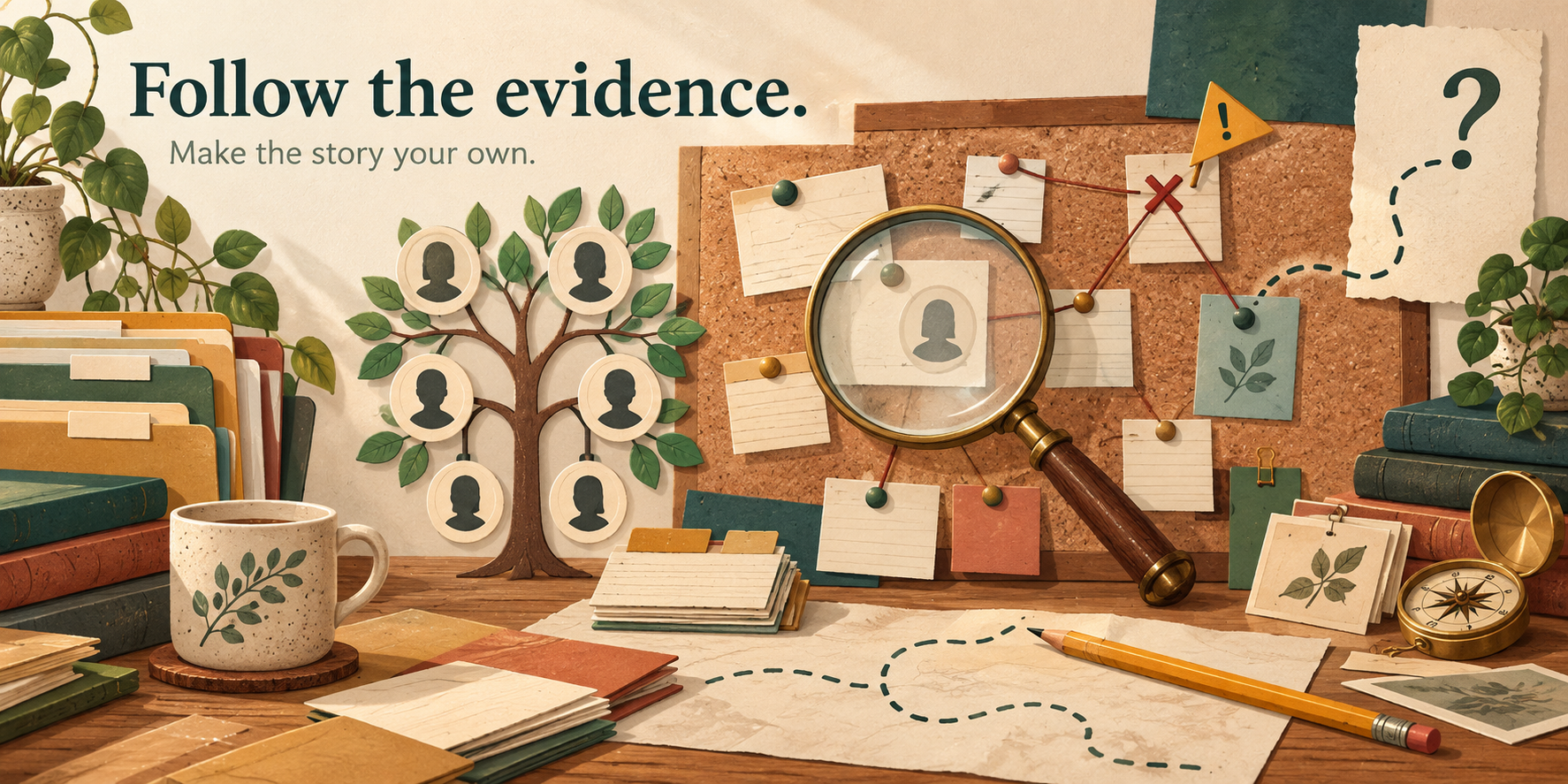 A playful archive desk with blank source cards, a branching family tree and a magnifying glass. Follow the evidence. Make the story your own.
