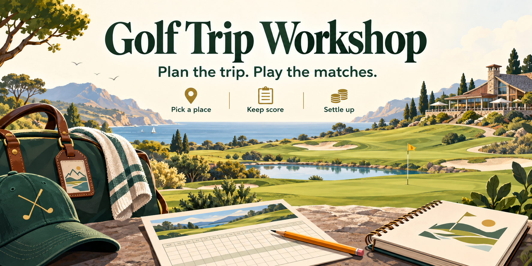 Golf Trip Workshop: an illustrated golf landscape, clubhouse, scorecard and planning notebook. Pick a place, keep score, settle up.