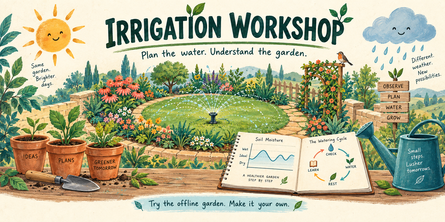 A playful illustrated garden, with sprinkler coverage, a watering notebook and weather symbols.