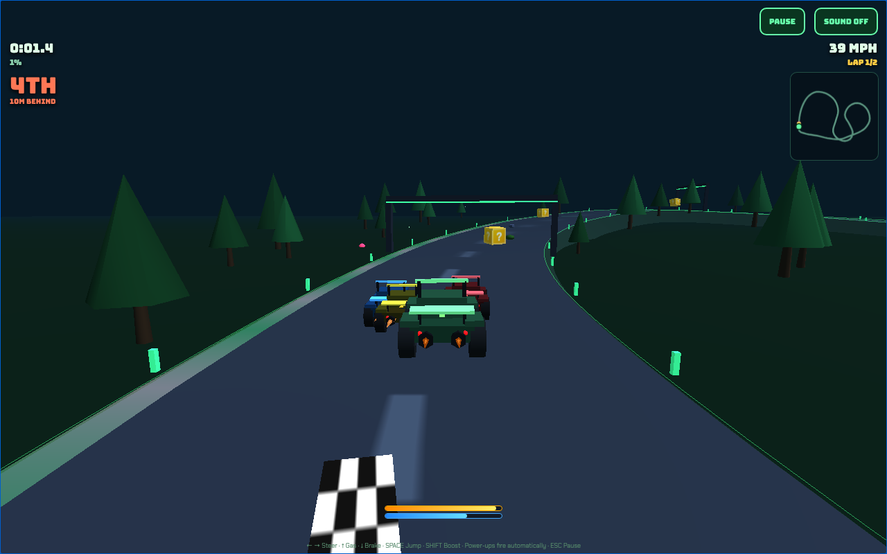 Actual game screenshot of the forest track, with three rivals, a minimap, lap counter and jump and boost meters.