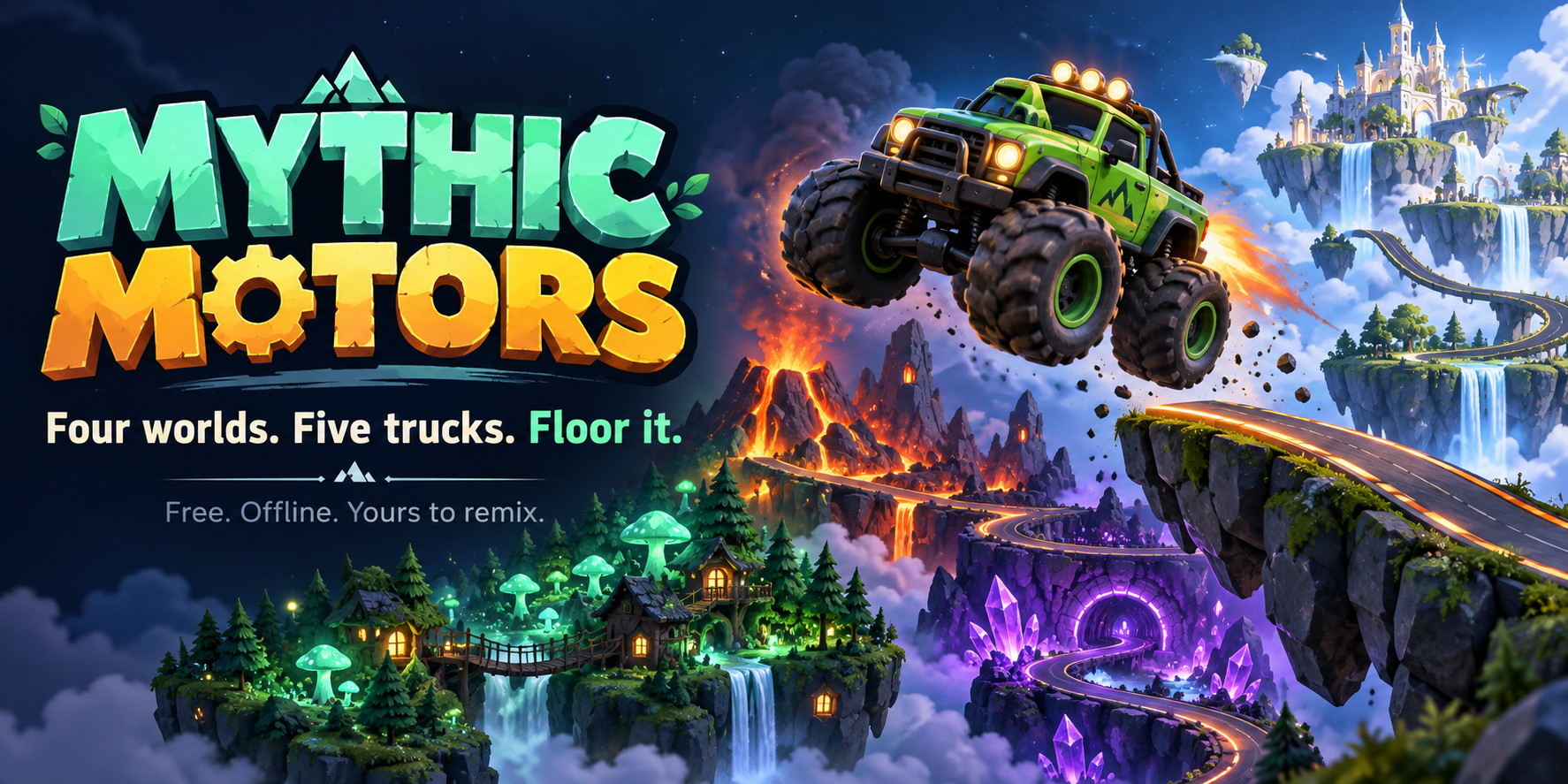 A fictional green monster truck jumps between a glowing forest, a volcanic course, purple crystals and floating islands. Mythic Motors: Four worlds. Five trucks. Floor it.