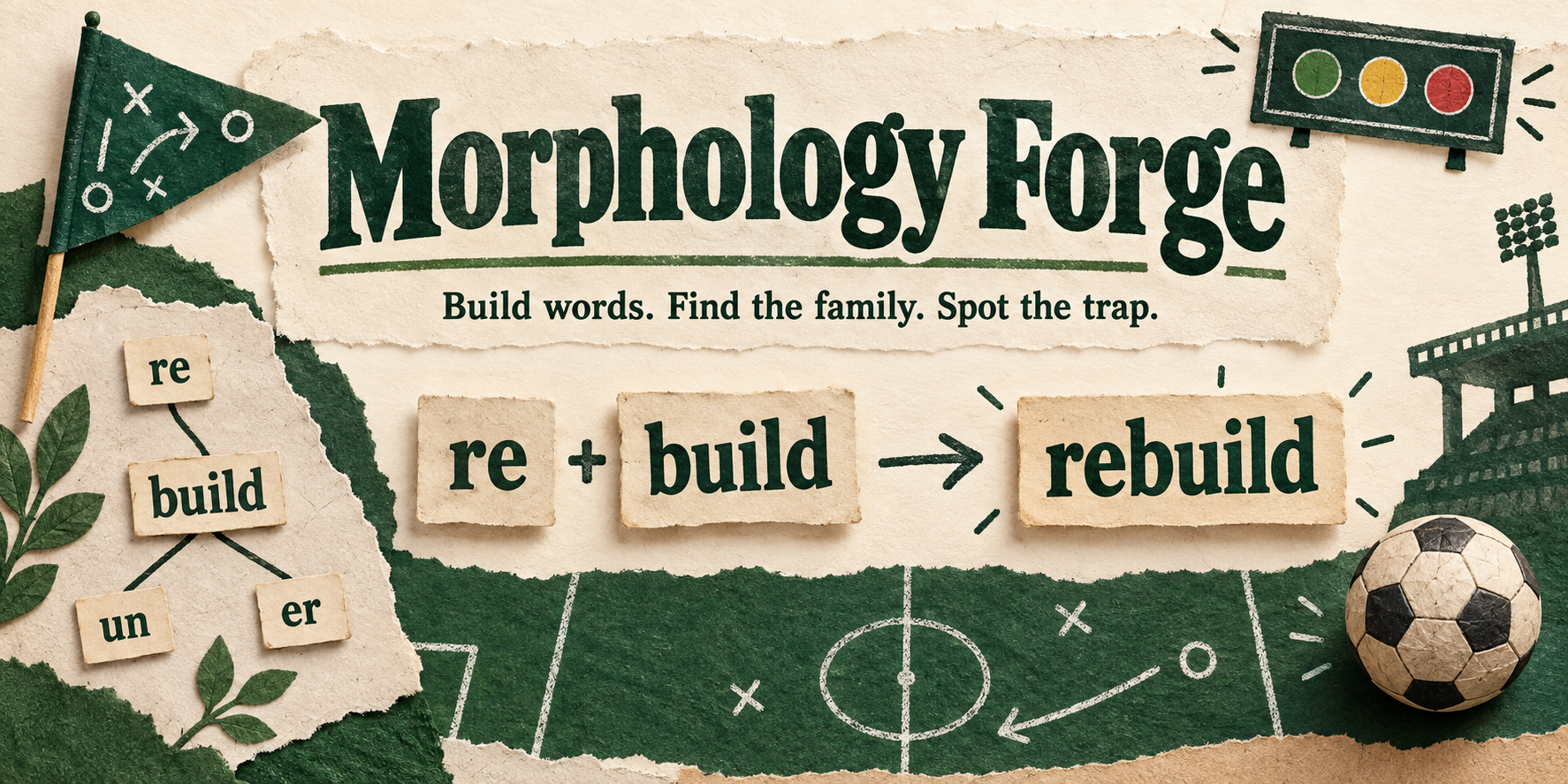 Morphology Forge football programme art, with re plus build becoming rebuild on paper tiles.