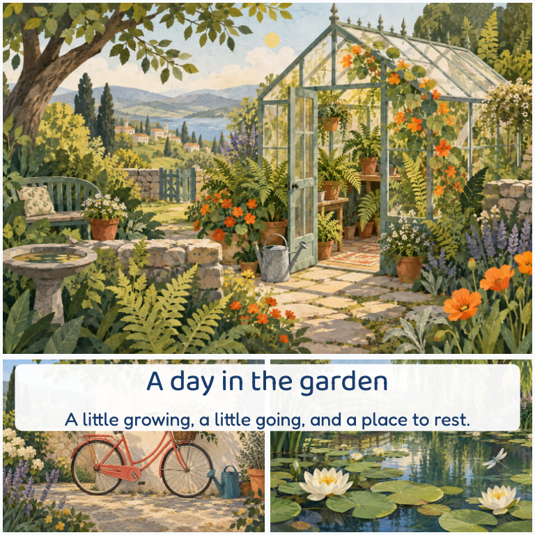 An actual sample book page: a greenhouse above a bicycle and pond, with the caption A little growing, a little going, and a place to rest.