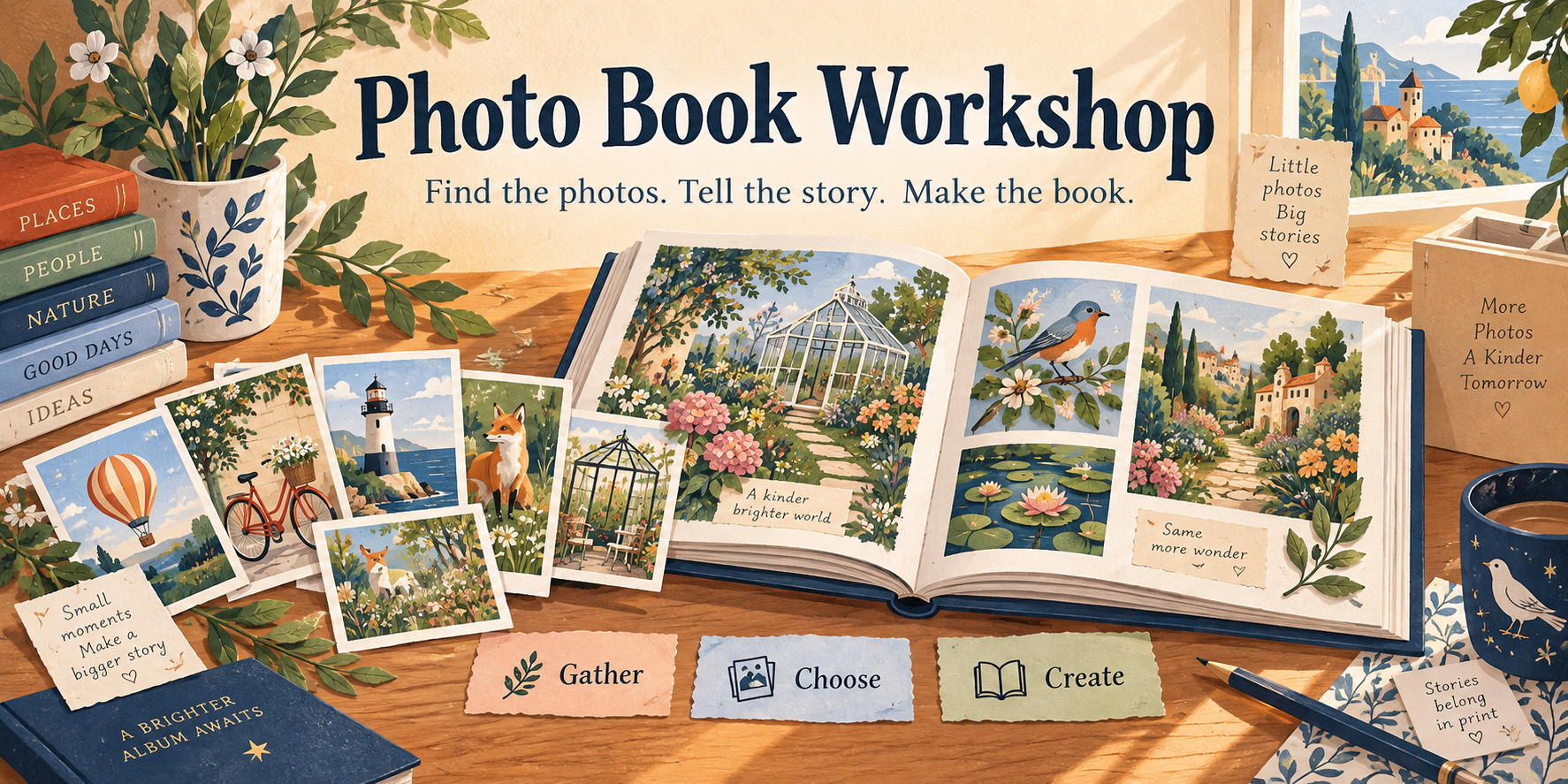 Photo Book Workshop: a playful illustrated desk with an open book, small prints, a balloon, bicycle and lighthouse. Gather, choose, create.
