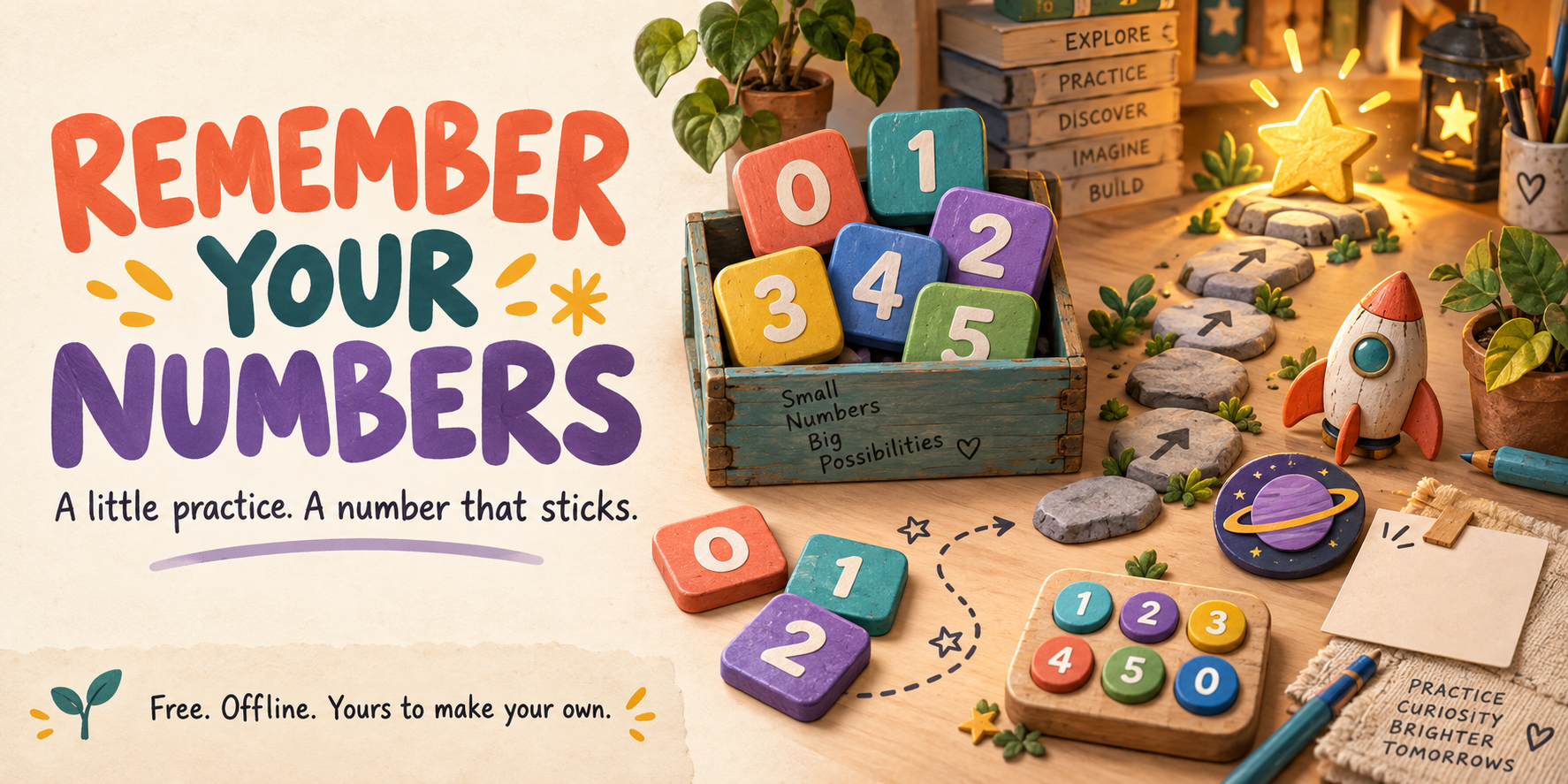 Remember Your Numbers: a warm illustrated workshop of colorful number tiles, a tiny rocket and a stepping-stone path to a star.