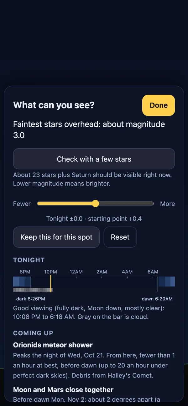 The Sky sheet: faintest stars overhead about magnitude 3.0, a Check with a few stars button, the Fewer and More slider, tonight's timeline from dark at 8:26 pm to dawn at 6:20 am, and meteor showers coming up.