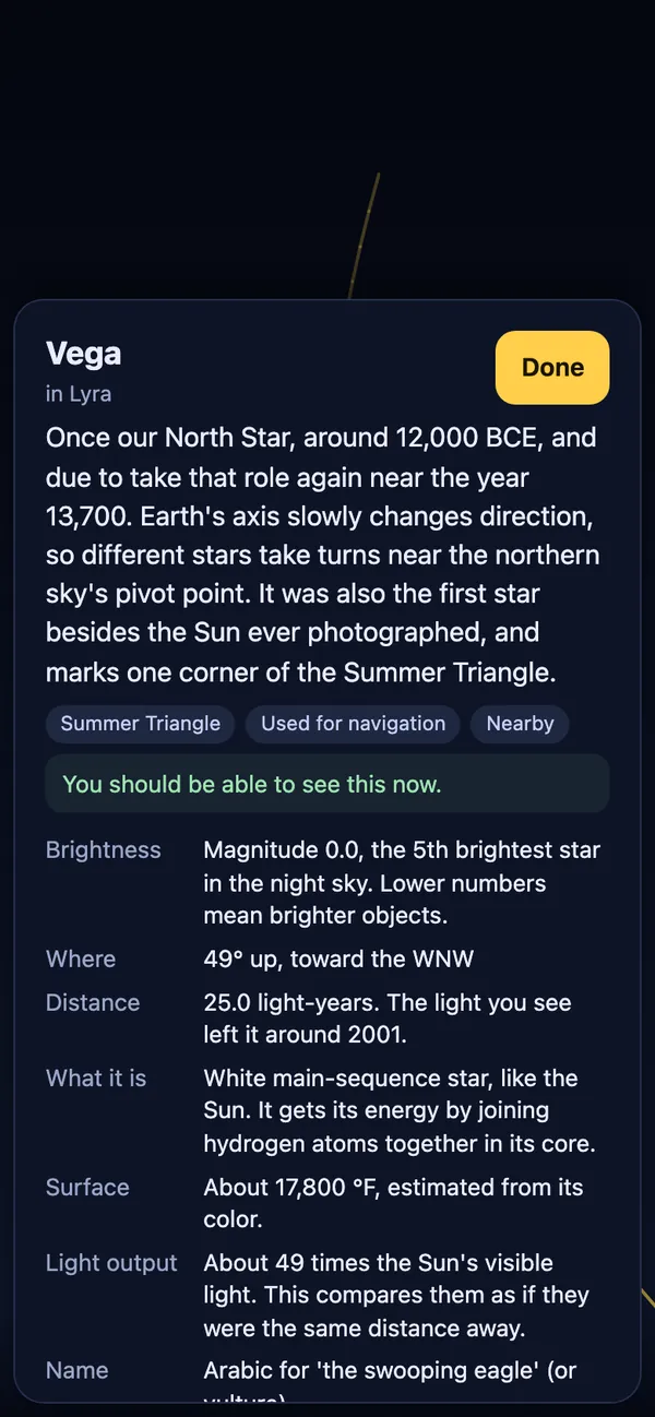 Vega's card: a plain-language note that it was once our North Star and will be again around the year 13,700, tags, and a table of its brightness, direction, distance and what its name means.