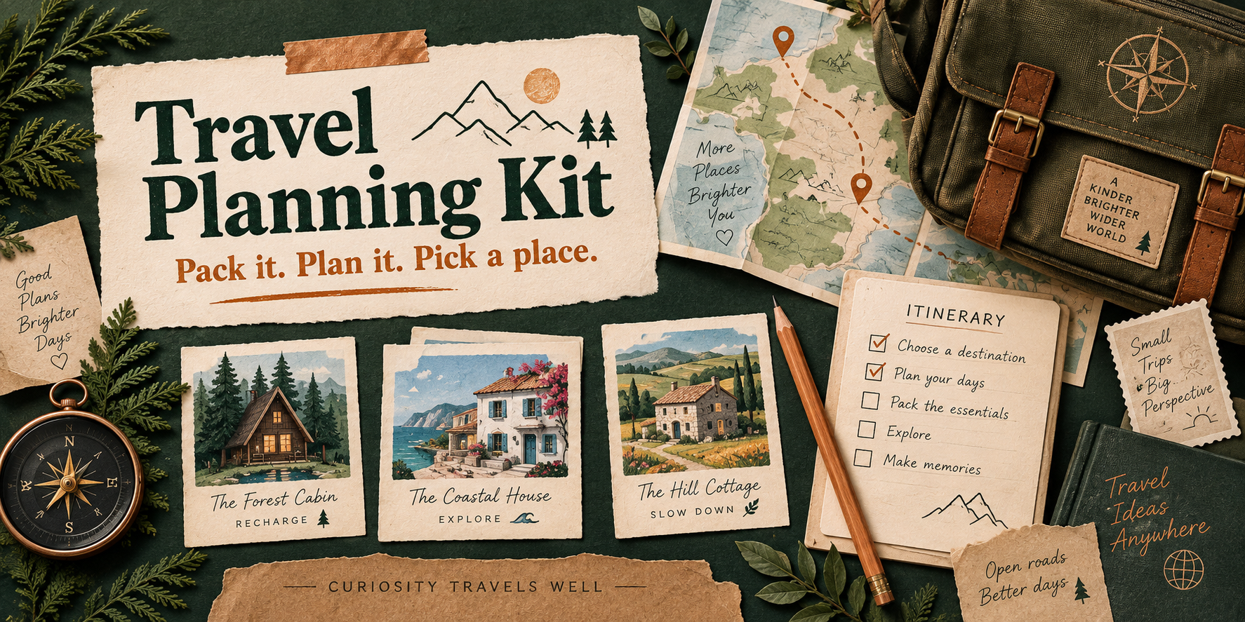 An illustrated travel workbench with a packing checklist, trip plan, little cottages and a rental comparison.