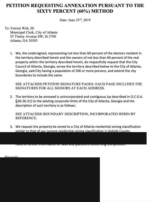The one-page petition letter requesting annexation under the 60 percent method, citing O.C.G.A. section 36-36-31