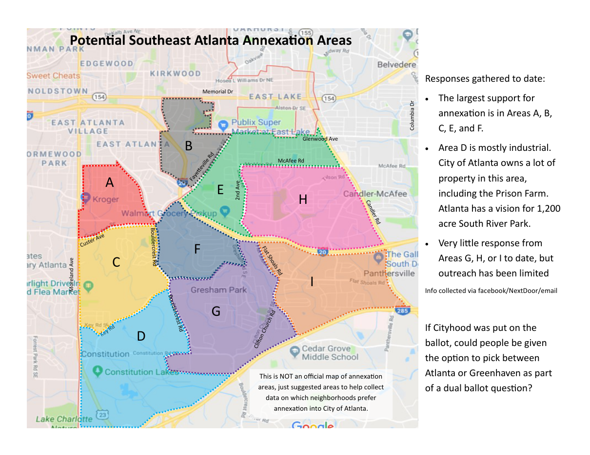 Map of potential Southeast Atlanta annexation areas, labeled A through I, from the neighborhood annexation movement